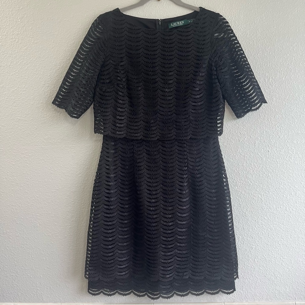 Lauren Ralph Lauren half sleeve black scalloped lace dress